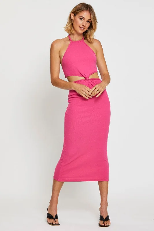 Halter Neck Women Dress to Show Off the Shoulders and NecklinePink Midi Dress Sleeveless