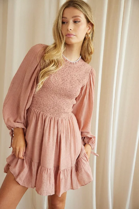 Empire Waist Women Dress to Accentuate the Bust and Conceal the WaistPink Shirred Dress Short Sleeve Mini