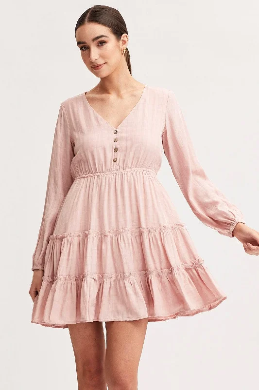 Halter Neck Women Dress to Show Off the Shoulders and NecklinePink Skater Dress Long Sleeve Mini