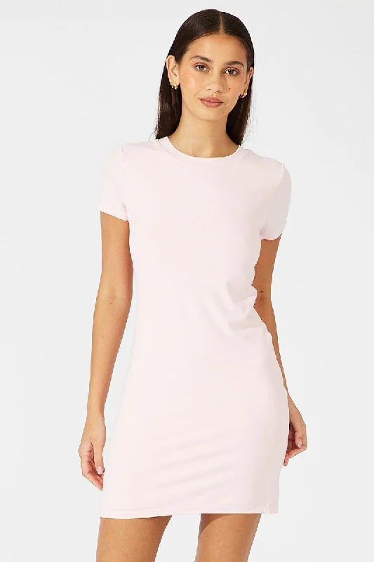 Wrap - Style Women Dress with Adjustable Fit for All Body TypesPink Supersoft Dress Short Sleeve Crew Neck