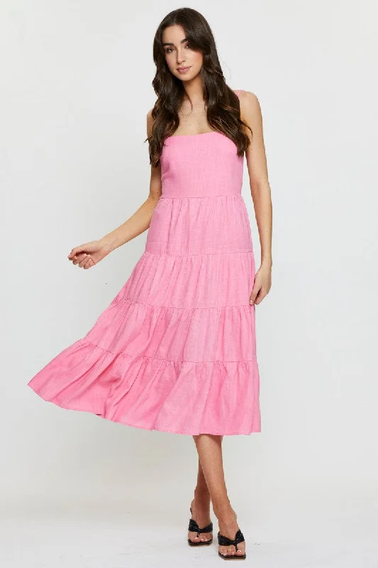 Lace - Embellished Women Dress for an Elegant and Sophisticated AppearancePink Tiered Dress Midi