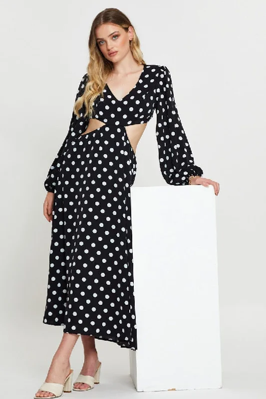 Plus Size Women Dress with a Flattering A - Line Cut for Comfort and StylePolka Dot Max Dress Long Sleeve