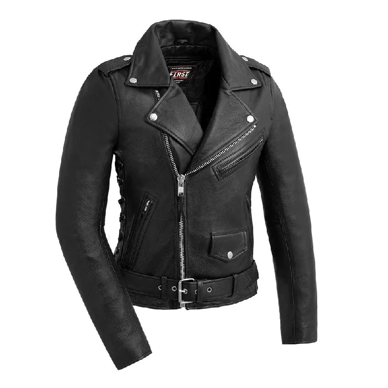 Women's denim jackets with distressed details for a casual and edgy lookPopstar Women's Motorcycle Leather Jacket by First MFG.