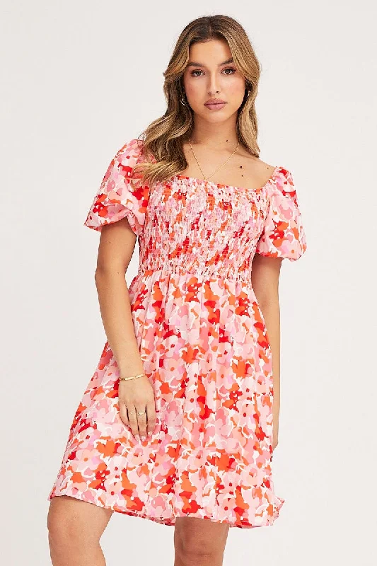 Ball Gown Women Dress with a Full Skirt for a Princess - like LookPrint Fit And Flare Dress Short Sleeve Square Neck