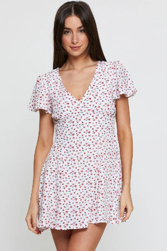Wrap - Style Women Dress with Adjustable Fit for All Body TypesPrint Fit And Flare Dress Short Sleeve V Neck