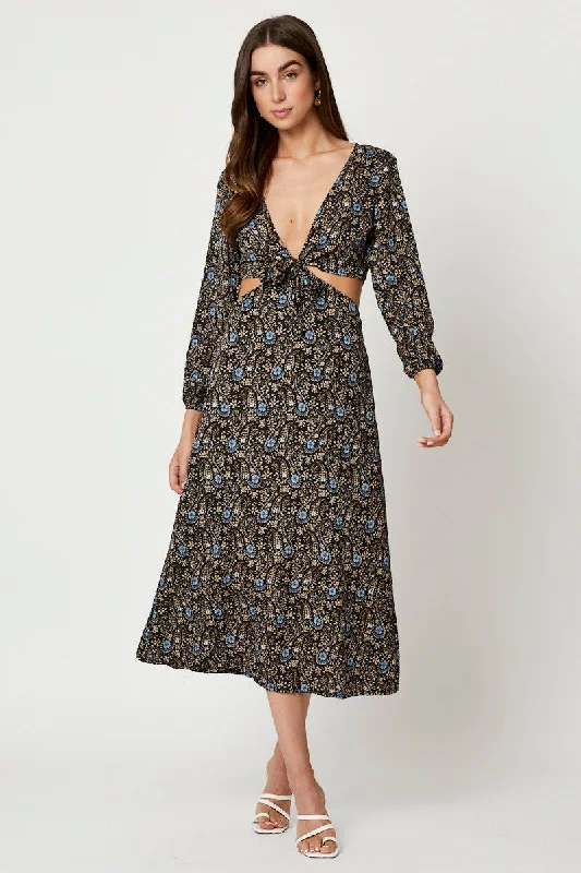 Maxi Women Dress with Floral Print for a Bohemian VibePrint Long Sleeve Cut Out Dress