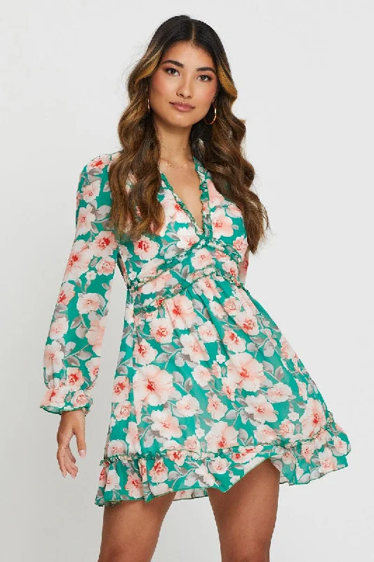 Printed Abstract Women Dress for a Modern and Artistic AppealPrint Mini Dress Long Sleeve