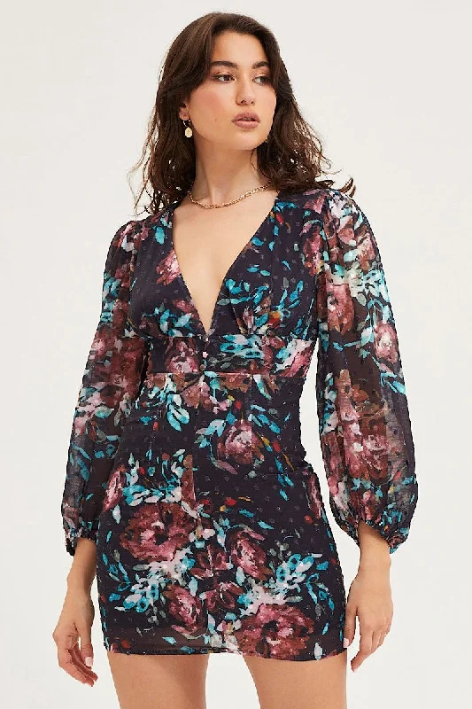 Sheath Women Dress with a Tailored Fit for a Professional LookPrint Mini Dress Long Sleeve Evening