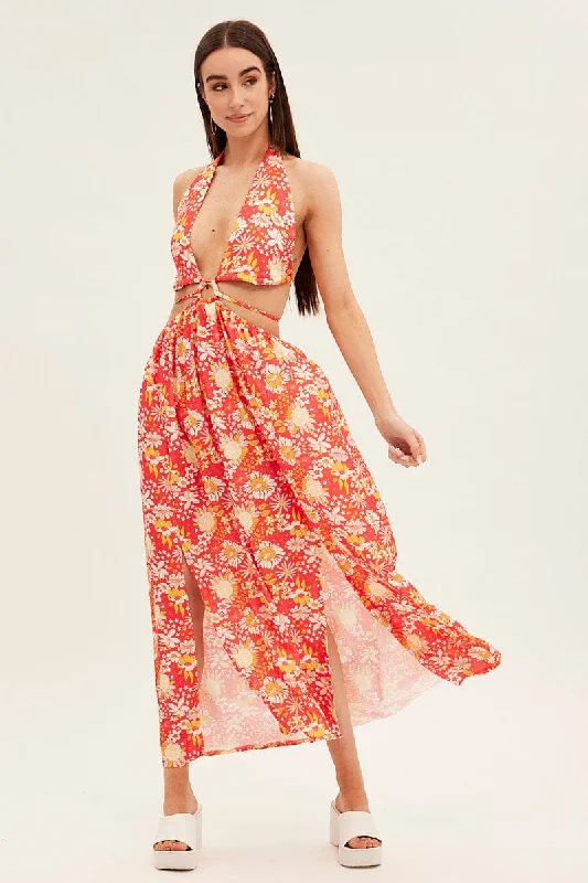 Plus Size Women Dress with a Flattering A - Line Cut for Comfort and StyleRed Floral Maxi Dress Cutout Front Split