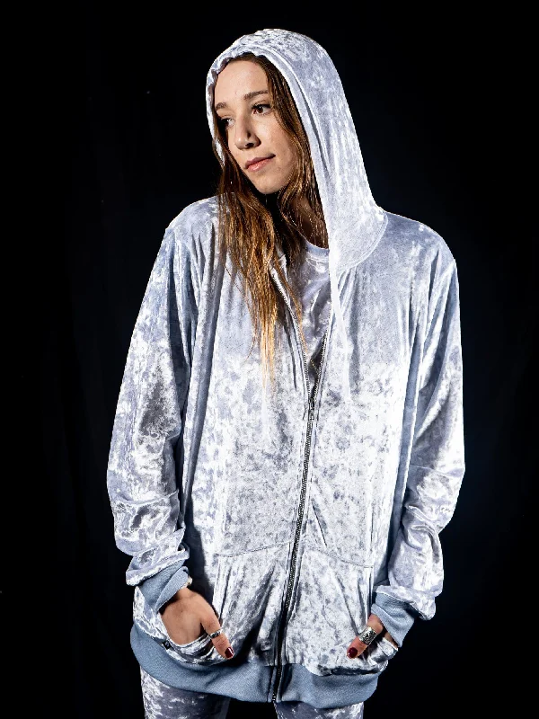 Women's quarter - zip sweatshirt made of organic cotton for eco - conscious fashionSilver Unisex Crushed Velvet Zip-Up Women's quarter - zip sweatshirt made of organic cotton for eco - conscious fashionSilver Unisex Crushed Velvet Zip-Up