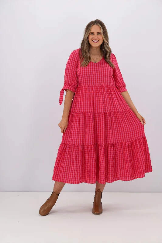 Lace - Embellished Women Dress for an Elegant and Sophisticated AppearanceSilver Wishes Two Tone Gingham Check Tier Dress Fuchsia