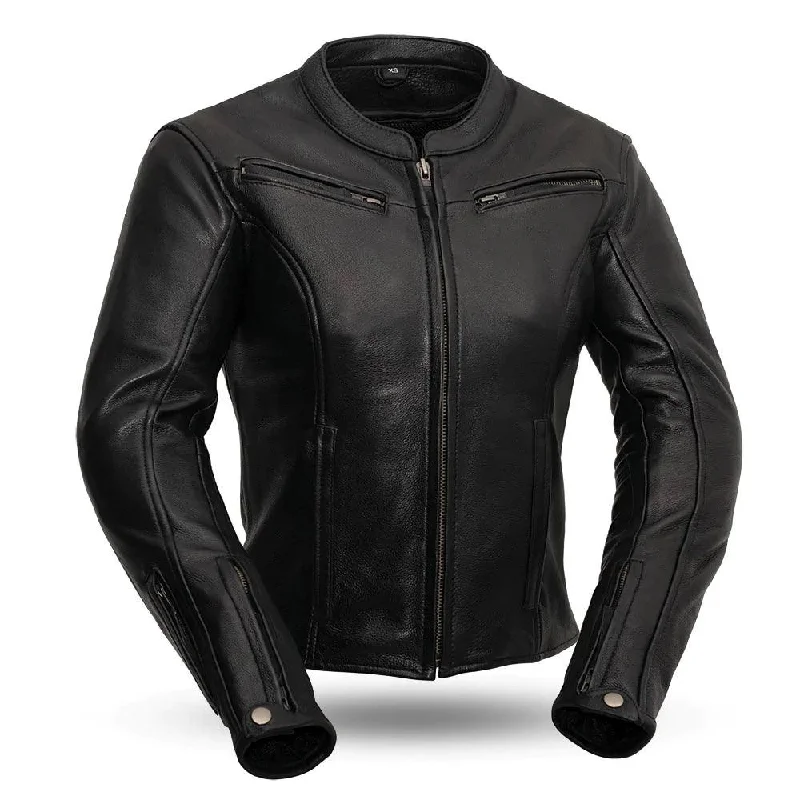 Women's denim jackets with a patchwork design for a bohemian and artsy styleSpeed Queen Women's Motorcycle Leather Jacket by First MFG Women's denim jackets with a patchwork design for a bohemian and artsy styleSpeed Queen Women's Motorcycle Leather Jacket by First MFG