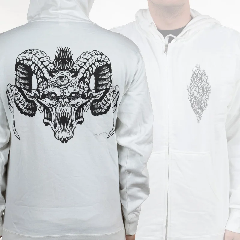 Women's hoodie with a detachable hood for customizable stylingUnique Leader Records "Alrekr Demon/Jamie Christ Colab (White)" Zip Hoodie