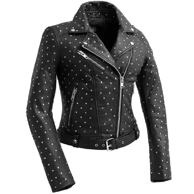 Women's windbreaker jackets with adjustable hoods for windy daysWhet Blu Womens Claudia Studded Leather Biker Jacket