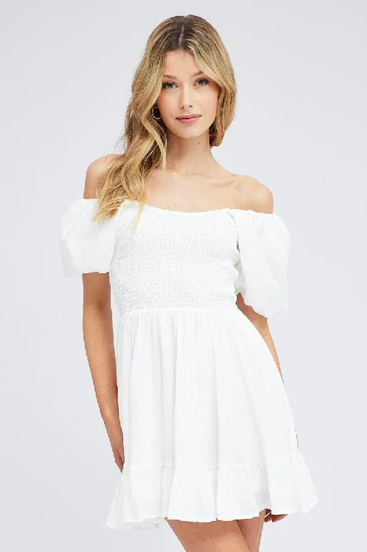 Mini Women Dress with a Short Hem for a Young and Trendy StyleWhite Fit And Flare Dress Shirred Bust Mini