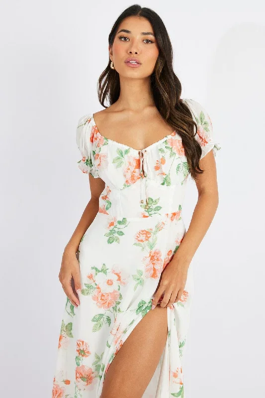 Halter Neck Women Dress to Show Off the Shoulders and NecklineWhite Floral Maxi dress Puff Sleeve