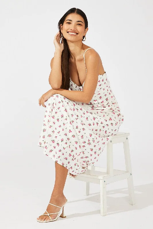 Empire Waist Women Dress to Accentuate the Bust and Conceal the WaistWhite Floral Maxi Dress Sleeveless
