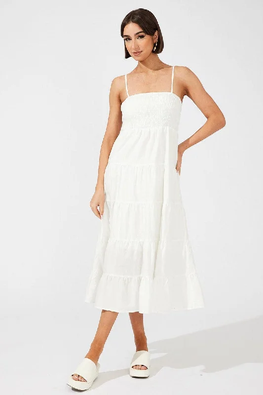 Empire Waist Women Dress to Accentuate the Bust and Conceal the WaistWhite Midi Dress Sleeveless Tiered