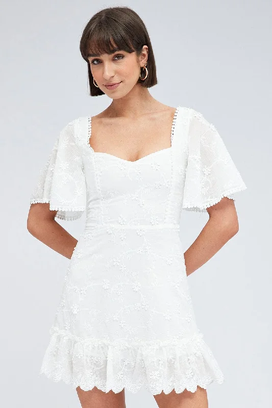 Shift Women Dress with a Simple and Classic Design for Everyday WearWhite Mini Dress Wing Sleeve Cotton Lace