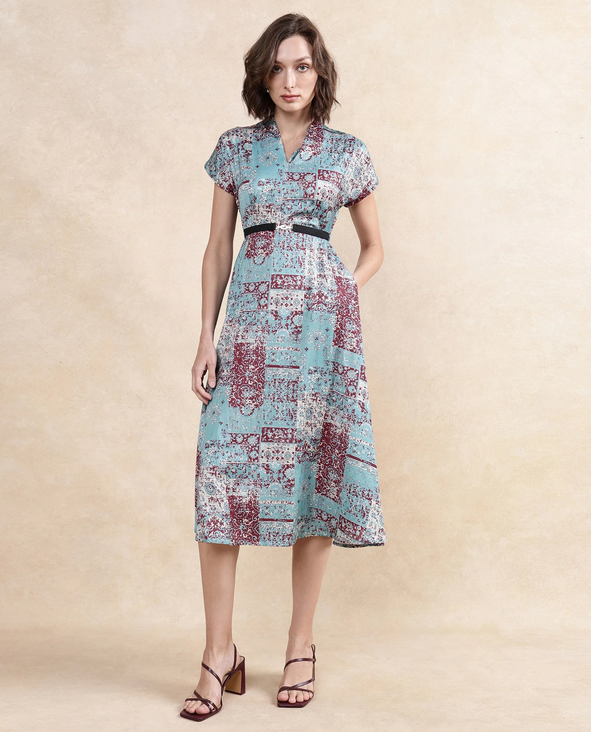 Printed Abstract Women Dress for a Modern and Artistic Appeal Printed Abstract Women Dress for a Modern and Artistic Appeal Rareism Women Azerb Light Multi Satin Extended Sleeves V-Neck A-Line Midi Bandana Print Dress