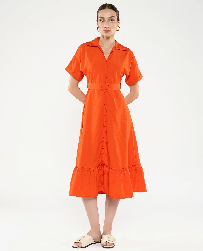 Off - the - Shoulder Women Dress for a Romantic and Feminine Look Off - the - Shoulder Women Dress for a Romantic and Feminine Look Rareism Women Capetow Rust Extended Sleeves Jonny Collar Button Closure A-Line Midi Plain Dress