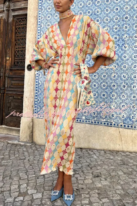 Mermaid - Style Women Dress with a Fitted Silhouette for Special Occasions Mermaid - Style Women Dress with a Fitted Silhouette for Special Occasions Gorgeous Sunshine Colorful Unique Print Kimono Puff Sleeve Midi Dress