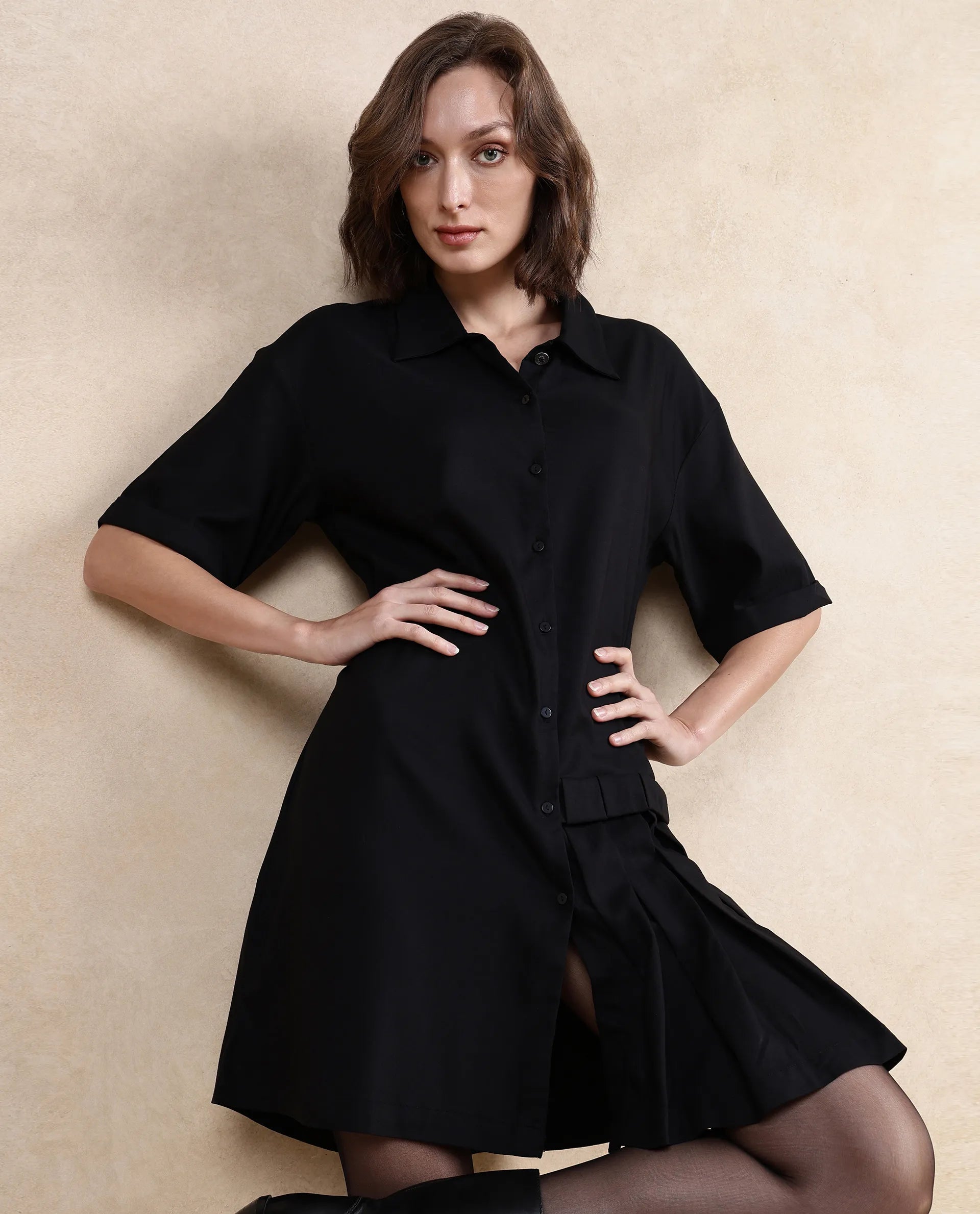 Wrap - Style Women Dress with Adjustable Fit for All Body Types Wrap - Style Women Dress with Adjustable Fit for All Body Types Rareism Women Dilijan Black Regular Sleeves Collared Neck Button Closure Asymmetric Knee Length Plain Dress
