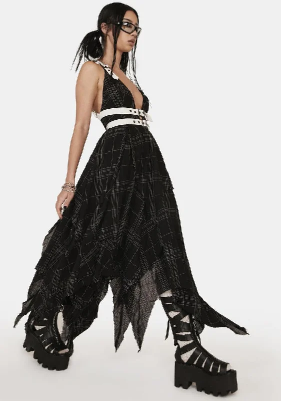Empire Waist Women Dress to Accentuate the Bust and Conceal the Waist Empire Waist Women Dress to Accentuate the Bust and Conceal the Waist Distortion Plaid Midi Dress