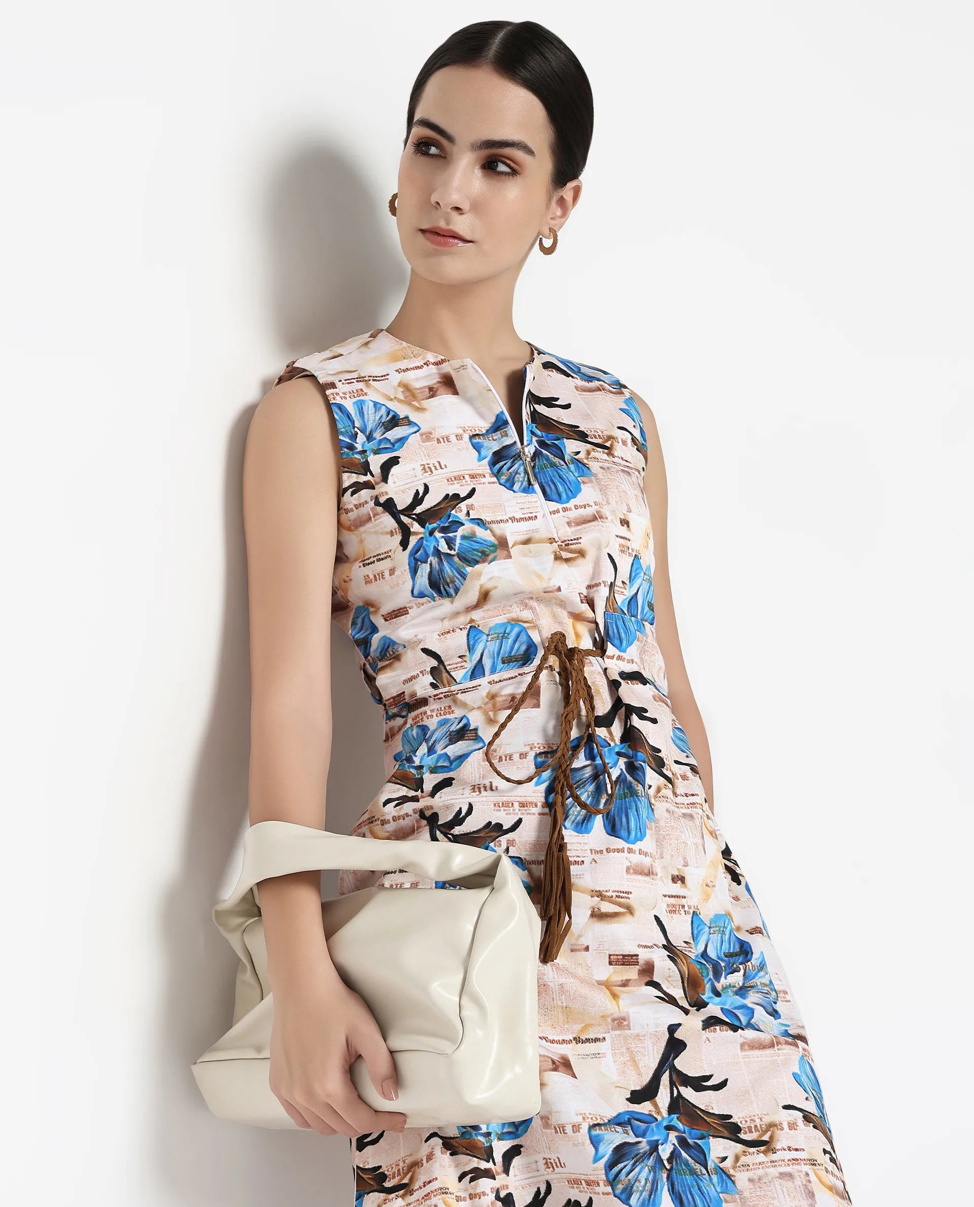 Wrap - Style Women Dress with Adjustable Fit for All Body Types Wrap - Style Women Dress with Adjustable Fit for All Body Types Rareism Women Dreco Beige Sleeveless Round Neck Zipper Closure A-Line Midi Printed Dress