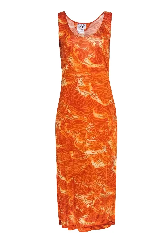 Pleated Women Dress with a Timeless and Elegant Texture Pleated Women Dress with a Timeless and Elegant Texture Escada Sport - Burnt Orange Abstract Print Sleeveless Maxi Dress Sz 8