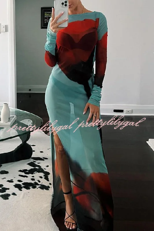 Sleeveless Women Dress in Bright Colors for Summer Parties Sleeveless Women Dress in Bright Colors for Summer Parties Mesh Floral Print Round Neck Long Sleeve Stretch Maxi Dress