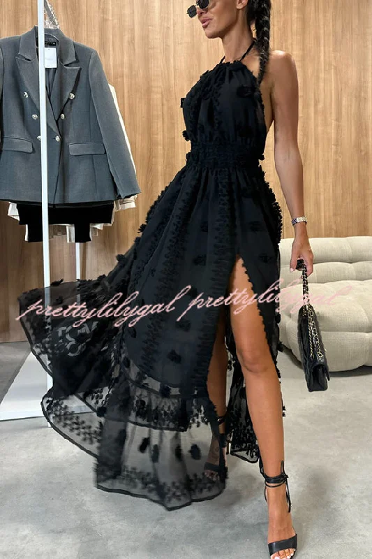 Pleated Women Dress with a Timeless and Elegant Texture Pleated Women Dress with a Timeless and Elegant Texture Gloria Embroidery Flowers Elastic Waist Halter Backless Slit Maxi Dress
