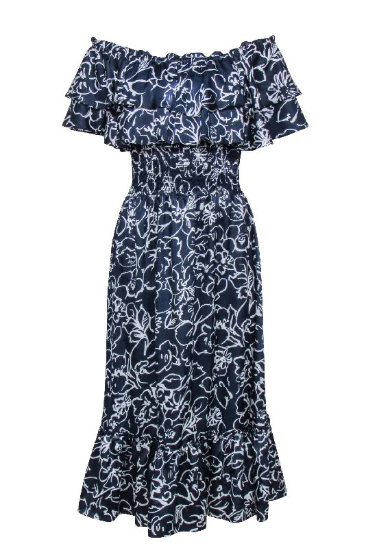 Strapless Women Dress with a Built - in Bra for Comfort and Support Strapless Women Dress with a Built - in Bra for Comfort and Support MISA Los Angeles - Navy & White Floral Print Cold Shoulder Dress Sz S