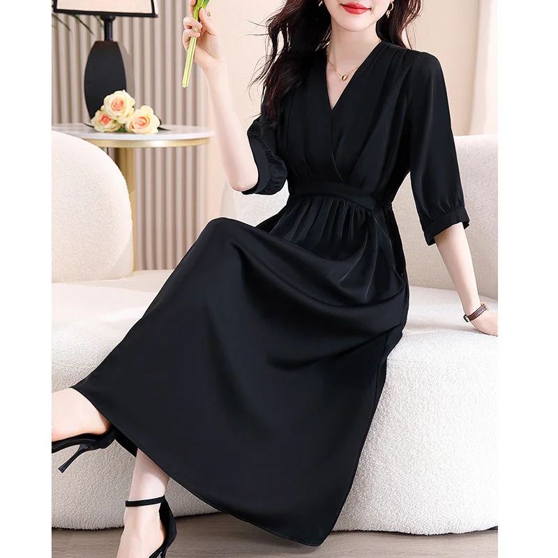Shift Women Dress with a Simple and Classic Design for Everyday Wear Shift Women Dress with a Simple and Classic Design for Everyday Wear NiDELL Wholesale Overknee Long Dress . Summer Short Sleeve New Black Dignified Goddess Lace-up Display A- line Skirt