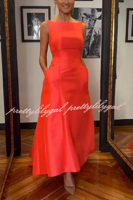 Sheath Women Dress with a Tailored Fit for a Professional Look Sheath Women Dress with a Tailored Fit for a Professional Look Metallic Moment Satin Boat Neck Pocket Asymmetric Trim Evening Maxi Dress