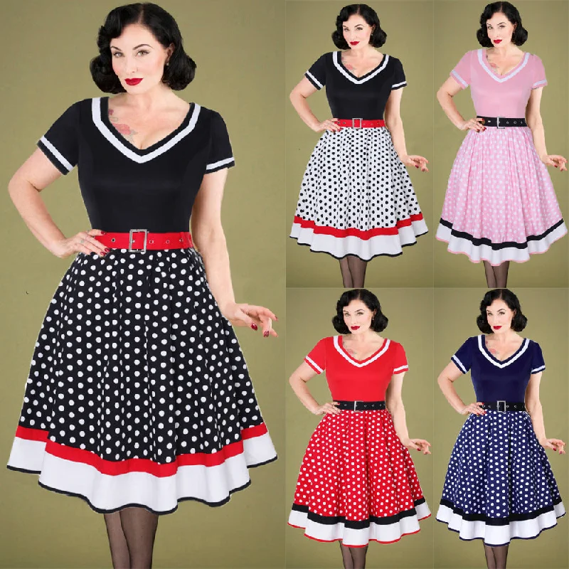 Wrap - Style Women Dress with Adjustable Fit for All Body Types Wrap - Style Women Dress with Adjustable Fit for All Body Types Retro Cotton Pleated Skirt V-neck Dot Swing Dress