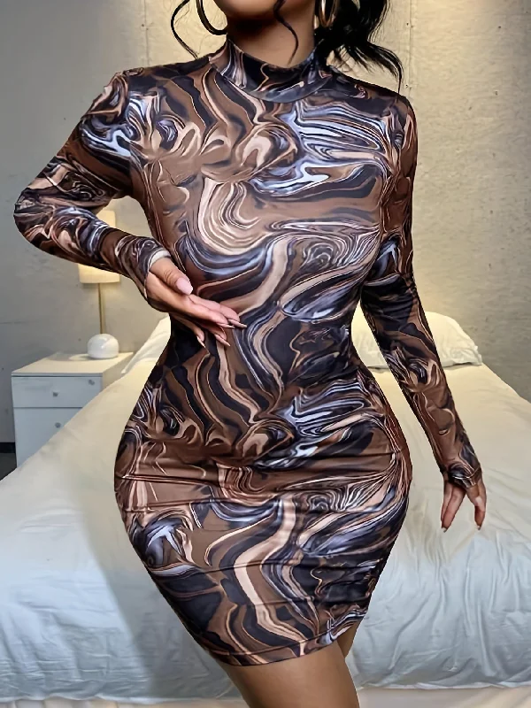 Little Black Women Dress with Sequins for a Glamorous Night Out Little Black Women Dress with Sequins for a Glamorous Night Out Sixsr Abstract Ripple Print Dress, Sexy Mock Neck Long Sleeve Bodycon Dress, Women's Clothing