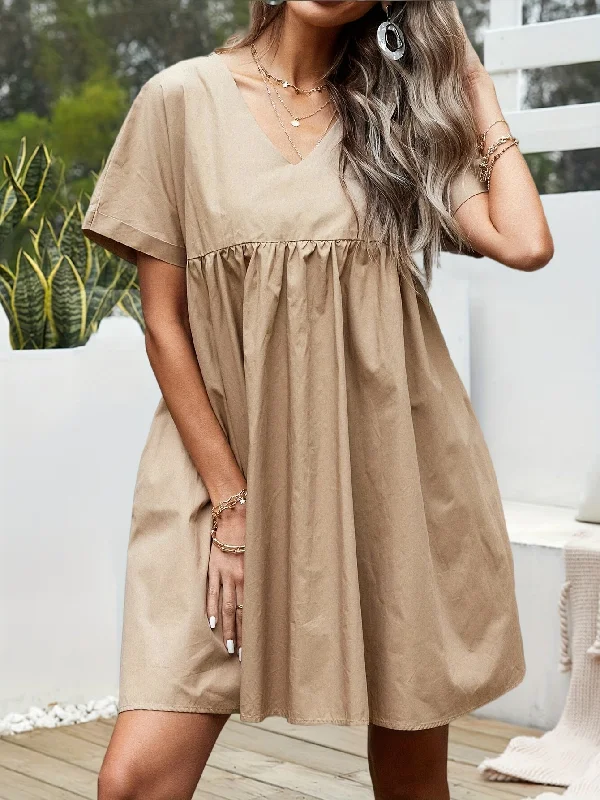 Sleeveless Women Dress in Bright Colors for Summer Parties Sleeveless Women Dress in Bright Colors for Summer Parties Sixsr Ruched Solid Mini Dress, Casual V Neck Short Sleeve Dress, Women's Clothing