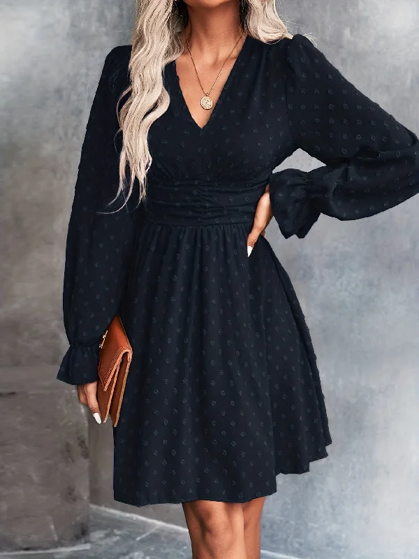 Pleated Women Dress with a Timeless and Elegant Texture Pleated Women Dress with a Timeless and Elegant Texture Sixsr Swiss Dot V Neck Dress, Casual Cinched Waist Long Sleeve Dress, Women's Clothing