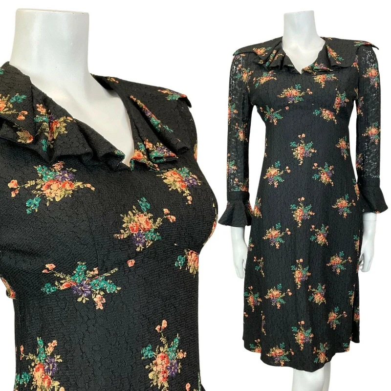 Pleated Women Dress with a Timeless and Elegant Texture Pleated Women Dress with a Timeless and Elegant Texture VINTAGE 60s 70s BLACK GREEN LILAC BOUQUET FLORAL LACE RUFFLE SHORT DRESS 8
