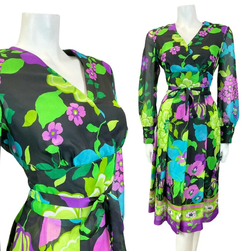 Halter Neck Women Dress to Show Off the Shoulders and Neckline Halter Neck Women Dress to Show Off the Shoulders and Neckline VINTAGE 60s 70s BLACK GREEN PURPLE FLORAL SHEER FLOATY SWING DRESS 14 16