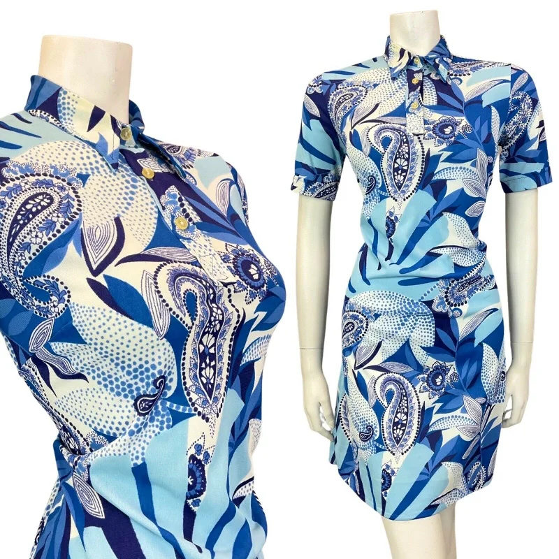 Halter Neck Women Dress to Show Off the Shoulders and Neckline Halter Neck Women Dress to Show Off the Shoulders and Neckline VINTAGE 60s 70s BLUE NAVY WHITE PSYCHEDELIC FLORAL PAISLEY MOD SHIRT DRESS 10 12