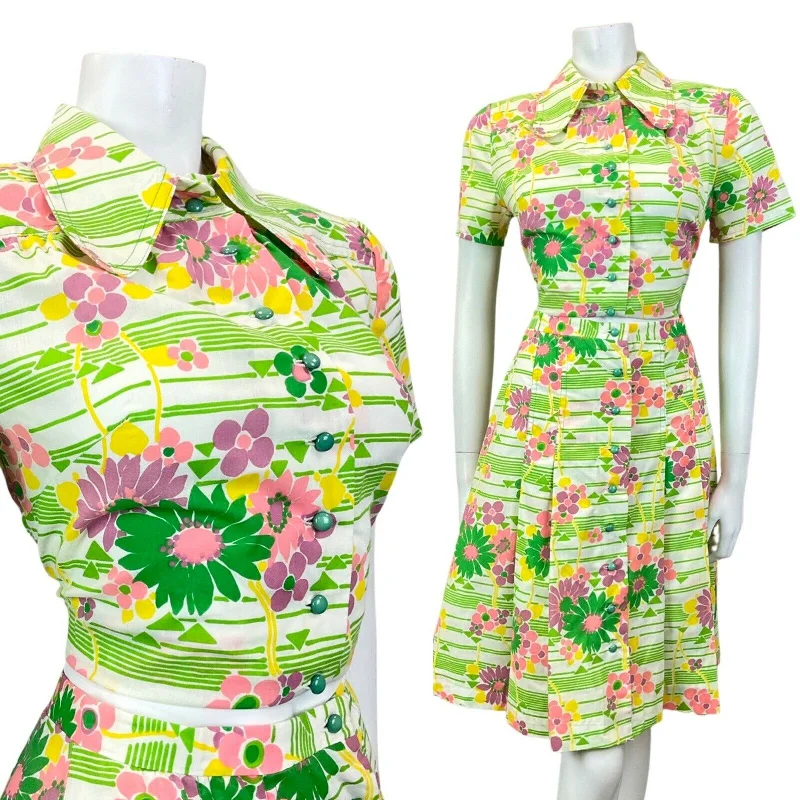 Halter Neck Women Dress to Show Off the Shoulders and Neckline Halter Neck Women Dress to Show Off the Shoulders and Neckline VINTAGE 60s 70s GREEN WHITE PINK STRIPED FLORAL MOD TWO-PIECE SHIRT SKIRT 10
