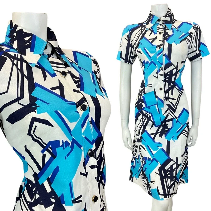 Empire Waist Women Dress to Accentuate the Bust and Conceal the Waist Empire Waist Women Dress to Accentuate the Bust and Conceal the Waist VINTAGE 60s 70s WHITE BLUE NAVY GEOMETRIC MOD DAGGER SHIRT DRES 10 12