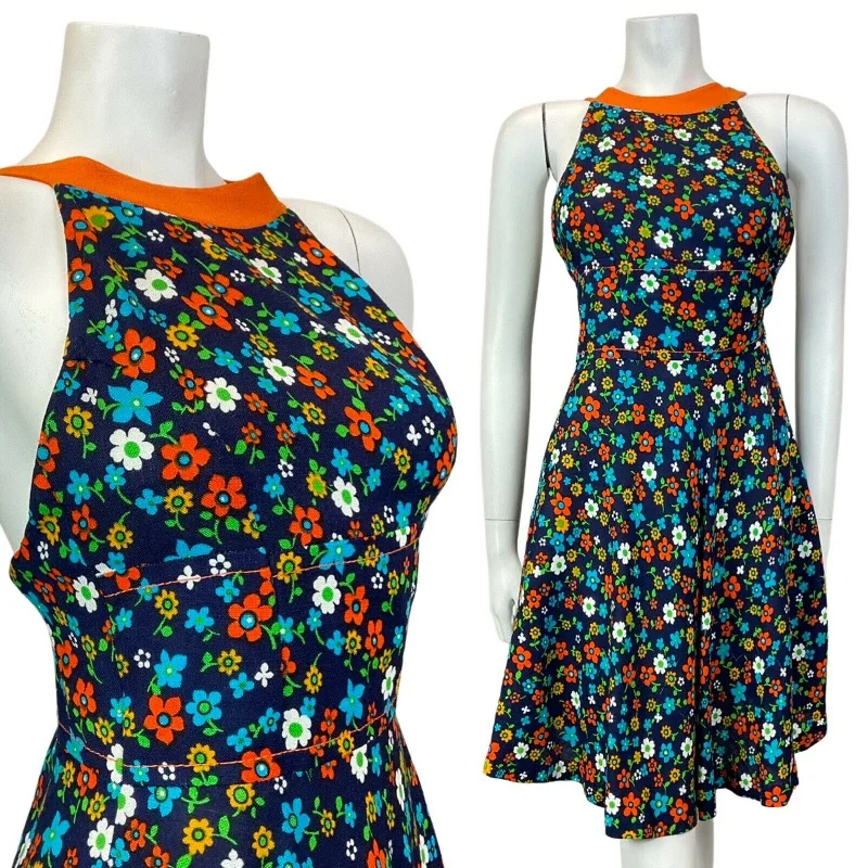 Printed Abstract Women Dress for a Modern and Artistic Appeal Printed Abstract Women Dress for a Modern and Artistic Appeal VINTAGE 60s BLUE ORANGE GREEN FLORAL DAISY DITSY MOD HALTER SUMMER DRESS 4 6