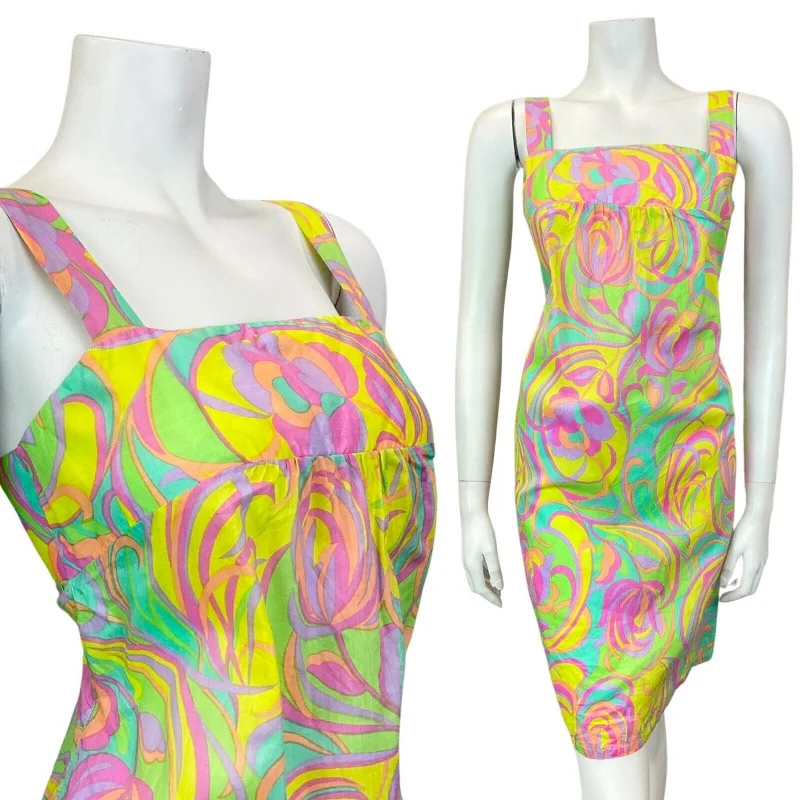 Plus Size Women Dress with a Flattering A - Line Cut for Comfort and Style Plus Size Women Dress with a Flattering A - Line Cut for Comfort and Style VTG 60s STYLE 90s GREEN YELLOW PINK PSYCHEDELIC SWIRL MOD EMPIRE SUN DRESS 6