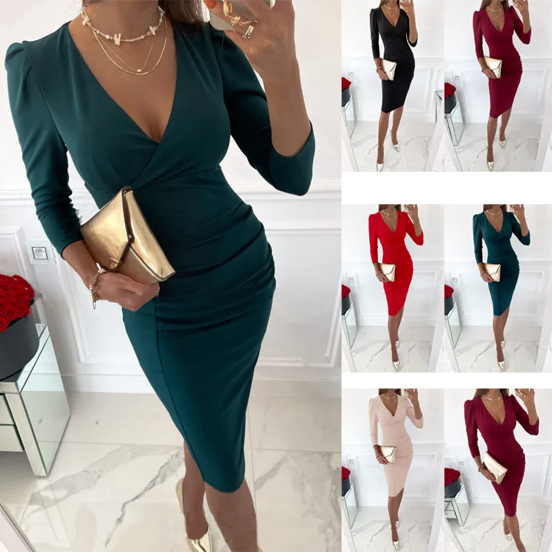 Pleated Women Dress with a Timeless and Elegant Texture Pleated Women Dress with a Timeless and Elegant Texture Women's Autumn Collar Sexy Temperament Commuter Waist-tight Solid Dresses