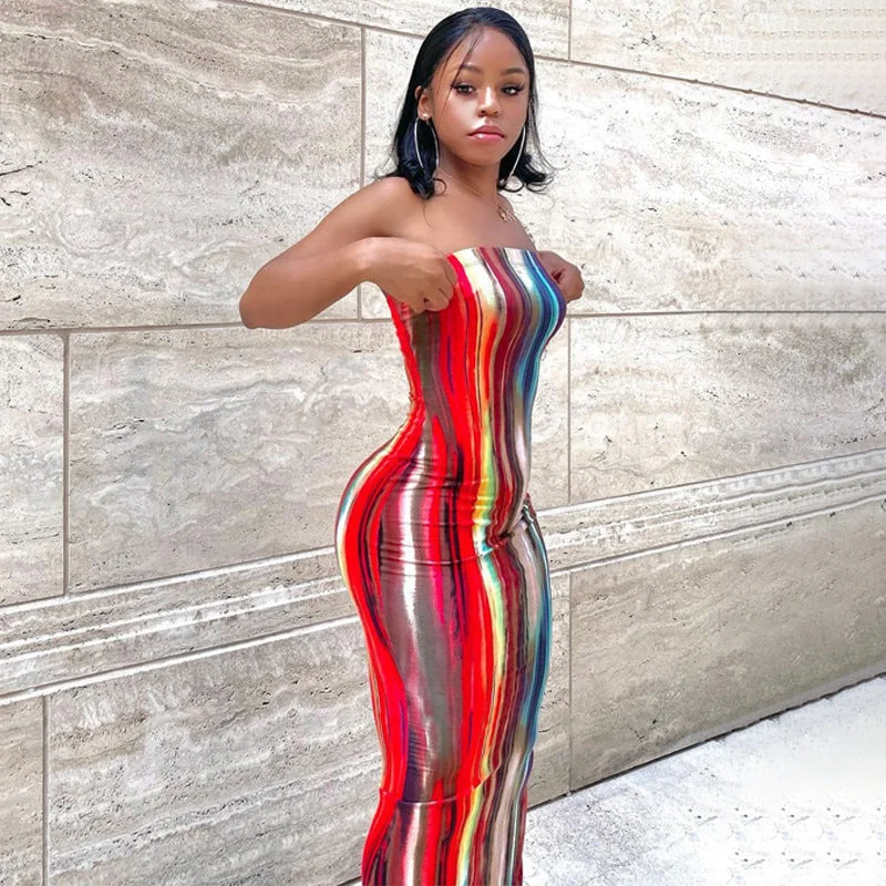 Empire Waist Women Dress to Accentuate the Bust and Conceal the Waist Empire Waist Women Dress to Accentuate the Bust and Conceal the Waist Women's Glamorous Colorful Tie-dye Off-shoulder Tube Dresses