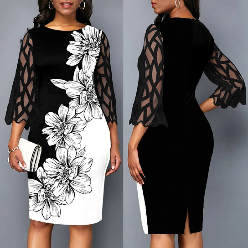 Mermaid - Style Women Dress with a Fitted Silhouette for Special Occasions Mermaid - Style Women Dress with a Fitted Silhouette for Special Occasions Women's Spring Flower Print Three-quarter Sleeve Dresses