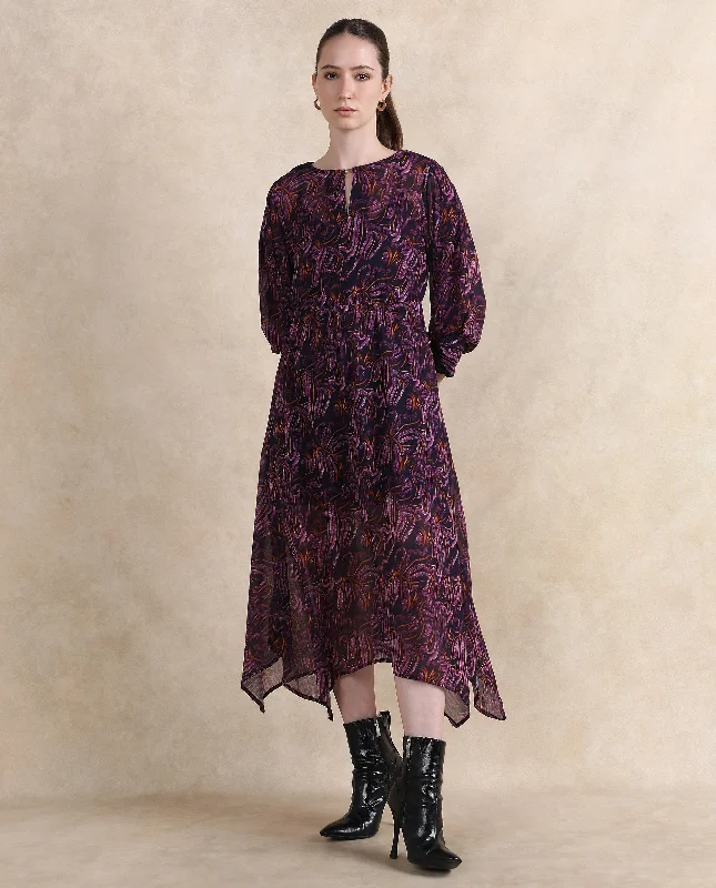 Maxi Women Dress with Floral Print for a Bohemian Vibe Maxi Women Dress with Floral Print for a Bohemian Vibe Rareism Women Yerevan Dark Multi Puffed Sleeve Round Neck Zipper Closure Asymmetric Midi Abstract Print Dress